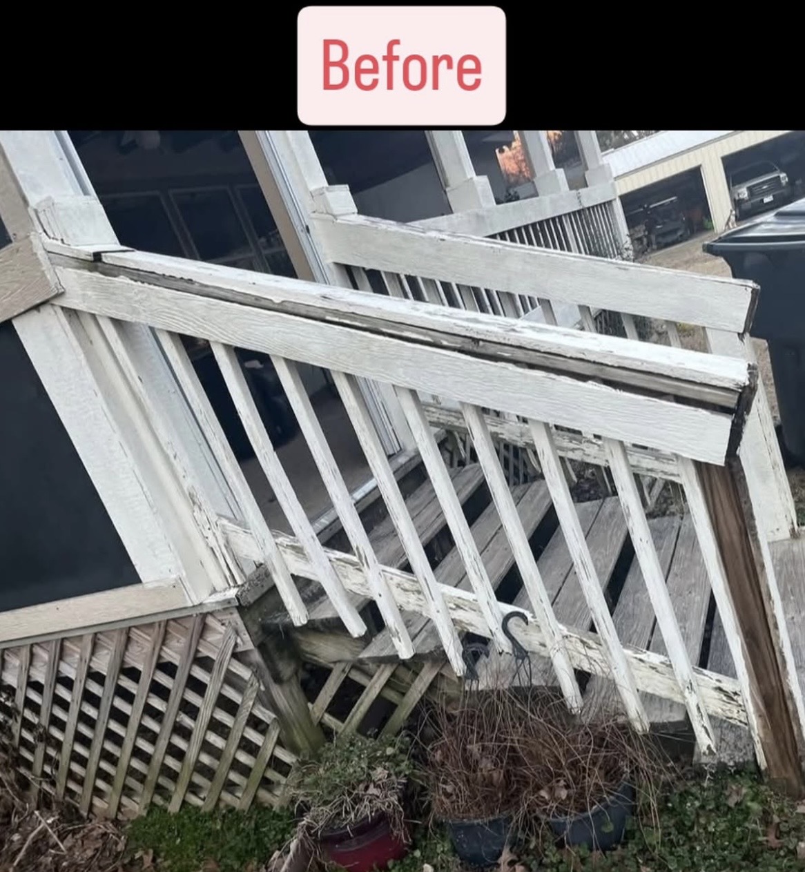 Rotted deck stairs and railing before repair
